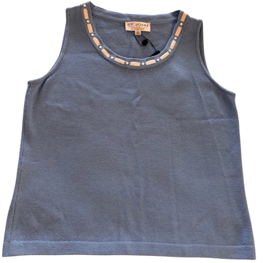 NWT St. John Collection Soft Blue Knit Sleeveless Top with White Details Sz L